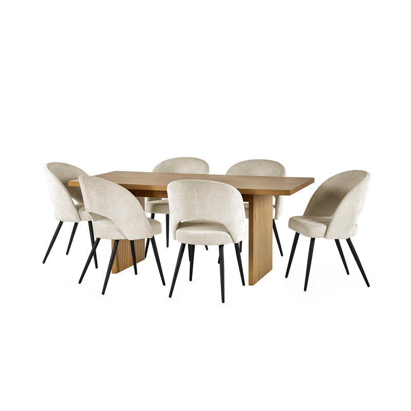 Dining table set with six white chairs on a white background