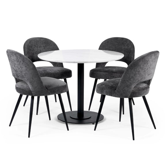 Round white table with four gray chairs on a white background