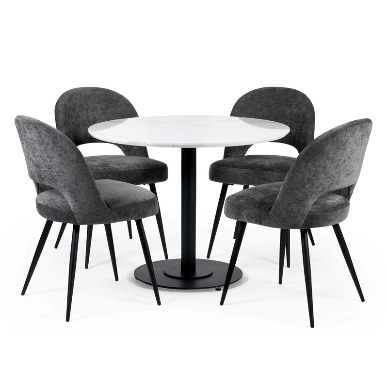 Round white table with four gray chairs on a white background