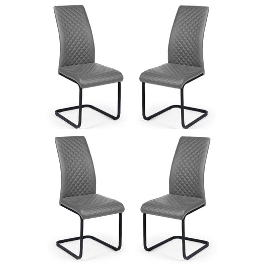Four gray chairs with quilted design and black metal frames on a white background