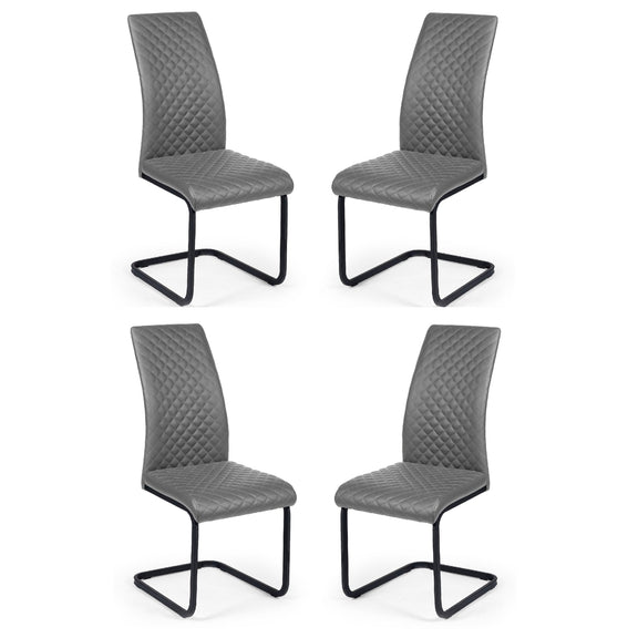 Four gray chairs with quilted design and black metal frames on a white background