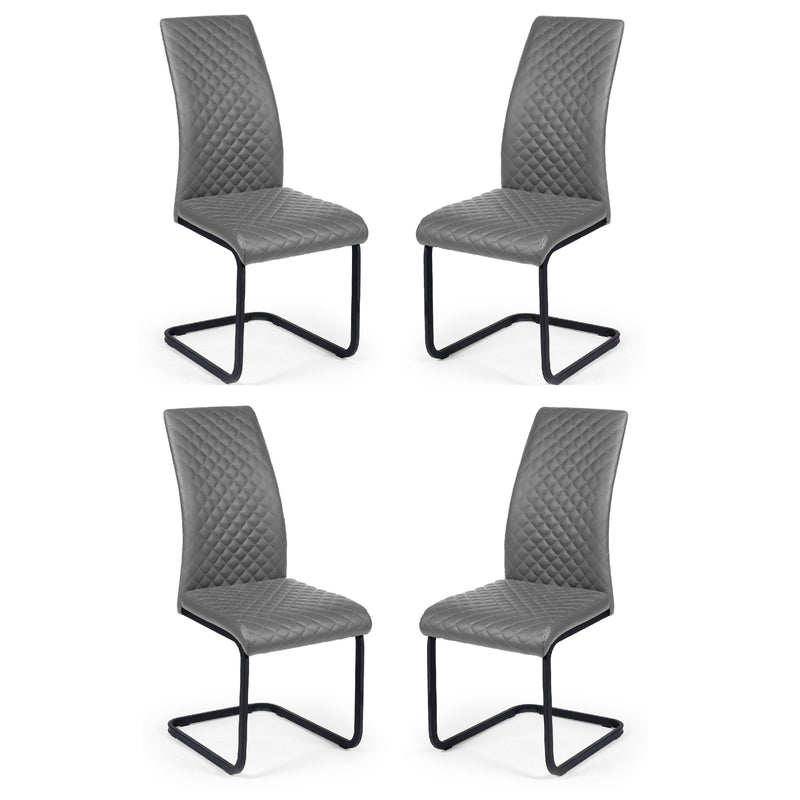 Four gray chairs with quilted design and black metal frames on a white background