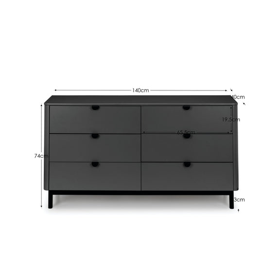 Black dresser with dimensions labeled on a white background