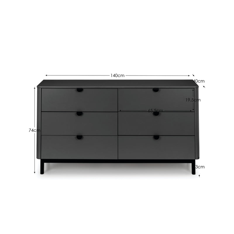 Black dresser with dimensions labeled on a white background