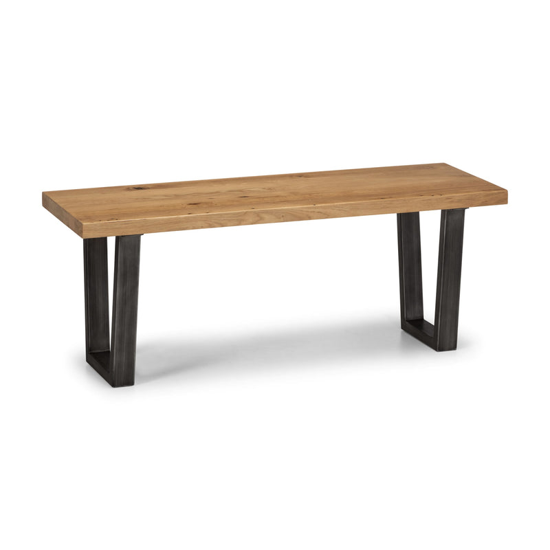 Wooden table with black metal legs on a white background