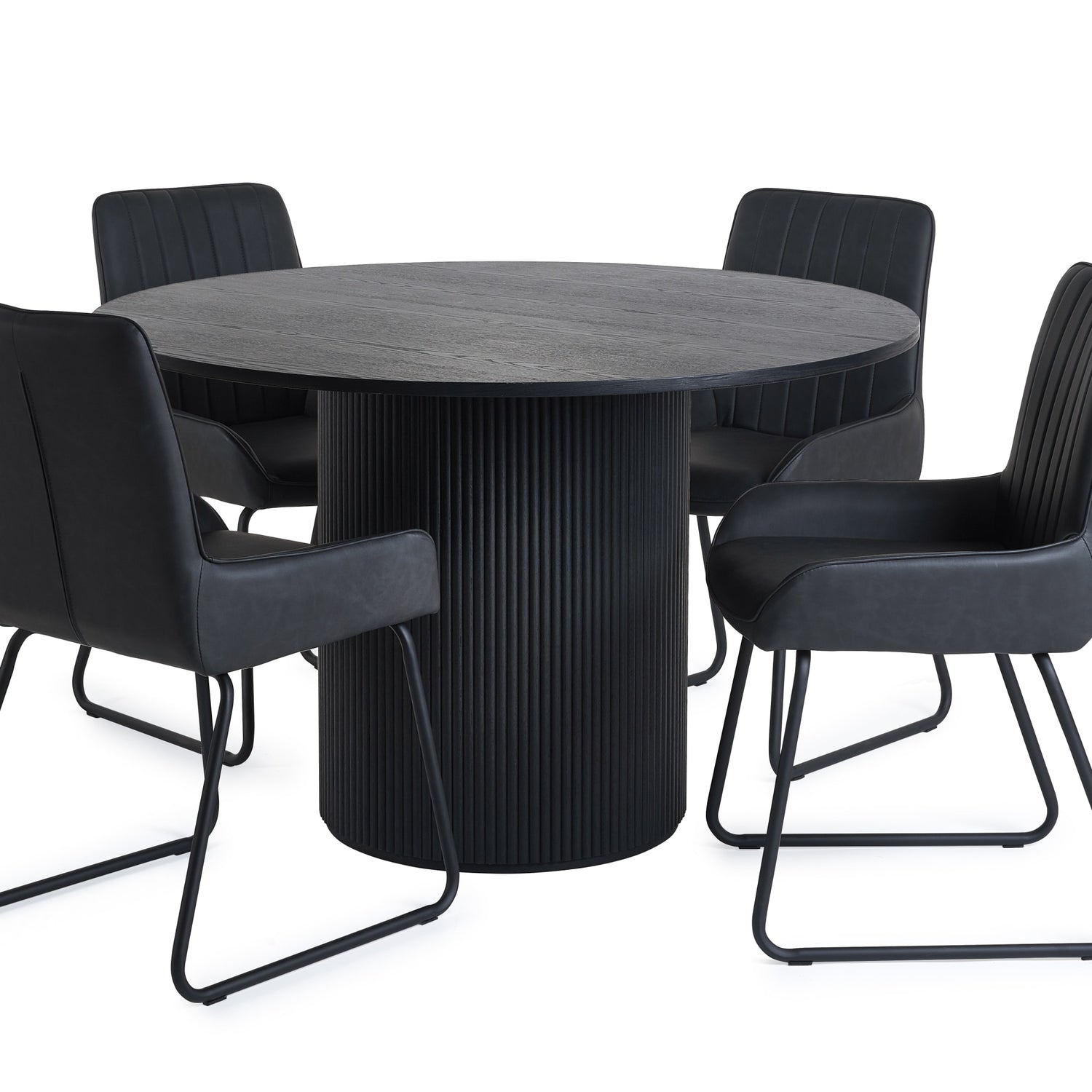 Round black dining table with four matching chairs on a white background