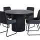 Round black dining table with four matching chairs on a white background