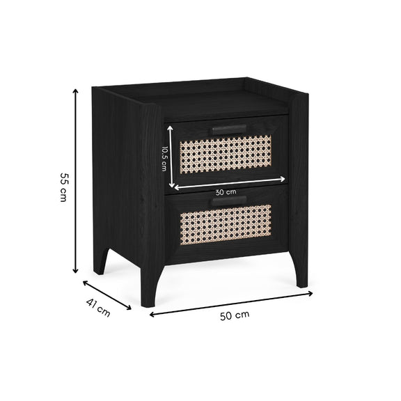 Dimensions of black wooden 2 drawer bedside table with woven rattan drawer fronts