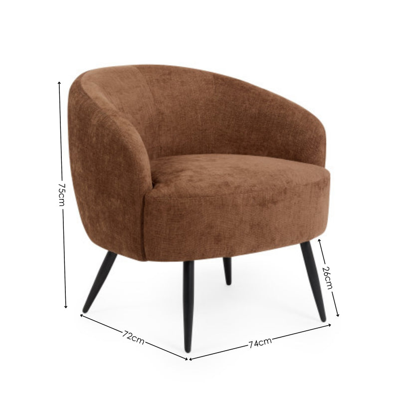 Brown armchair with dimensions indicated on a white background