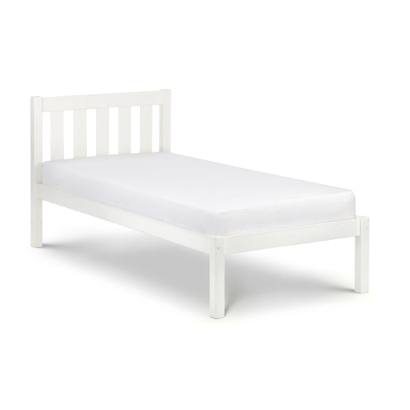 White wooden bed frame with a mattress on a white background