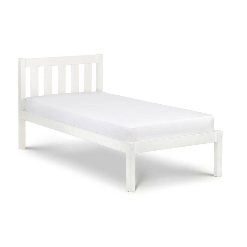 White wooden bed frame with a mattress on a white background