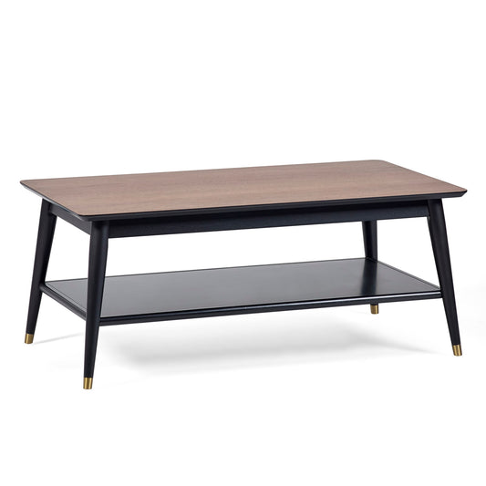 Coffee table with wooden top and black base on a white background