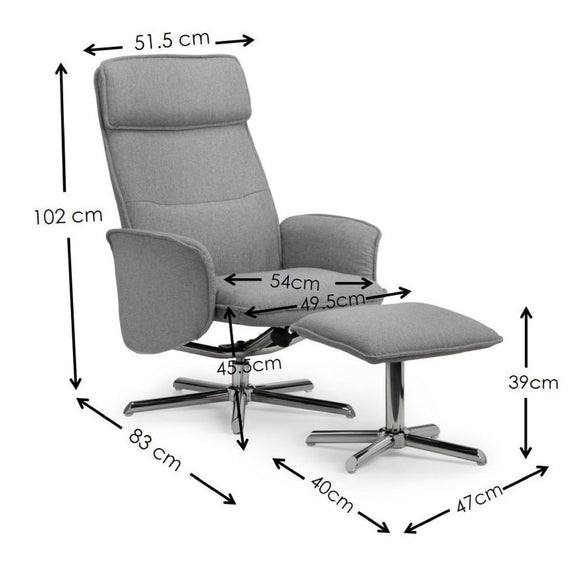 Gray recliner chair with ottoman and dimensions labeled on a white background