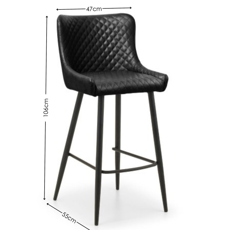 Black quilted bar stool with dimensions on a white background