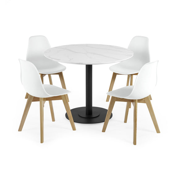Round white table with four white chairs on a white background