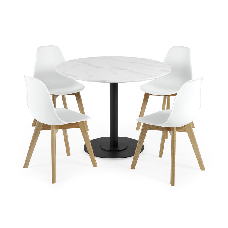 Round white table with four white chairs on a white background