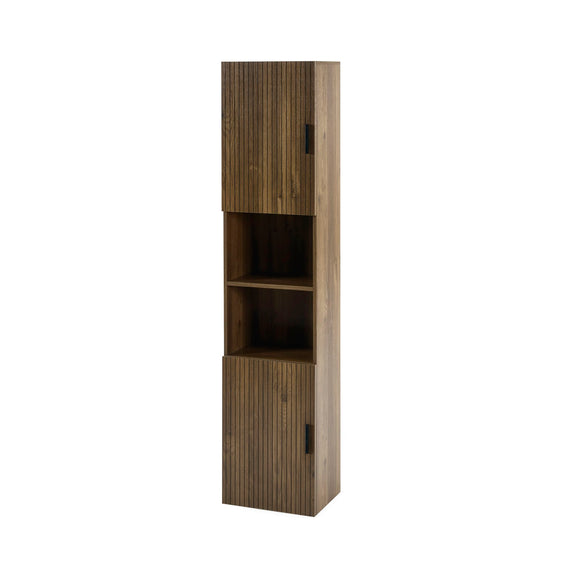 Tall wooden cabinet with open shelves on a white background