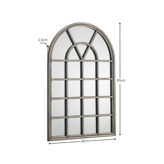Decorative window-shaped mirror with dimensions on a white background