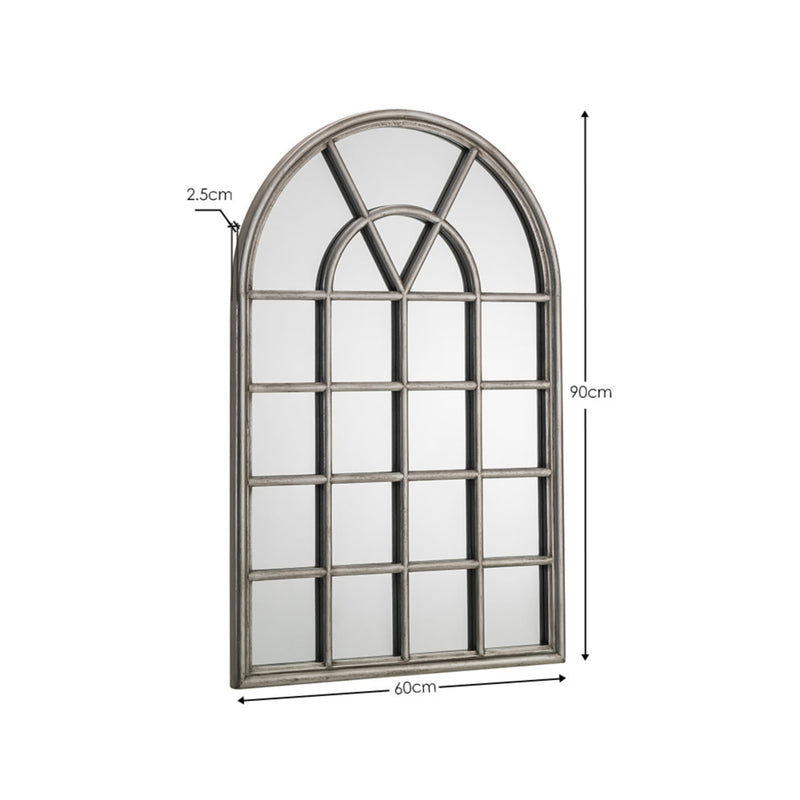 Decorative window-shaped mirror with dimensions on a white background