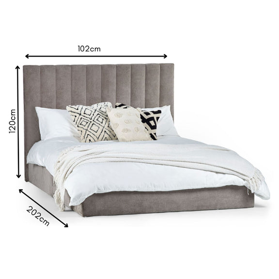 Gray upholstered bed with white bedding and pillows, shown with dimensions on a white background.