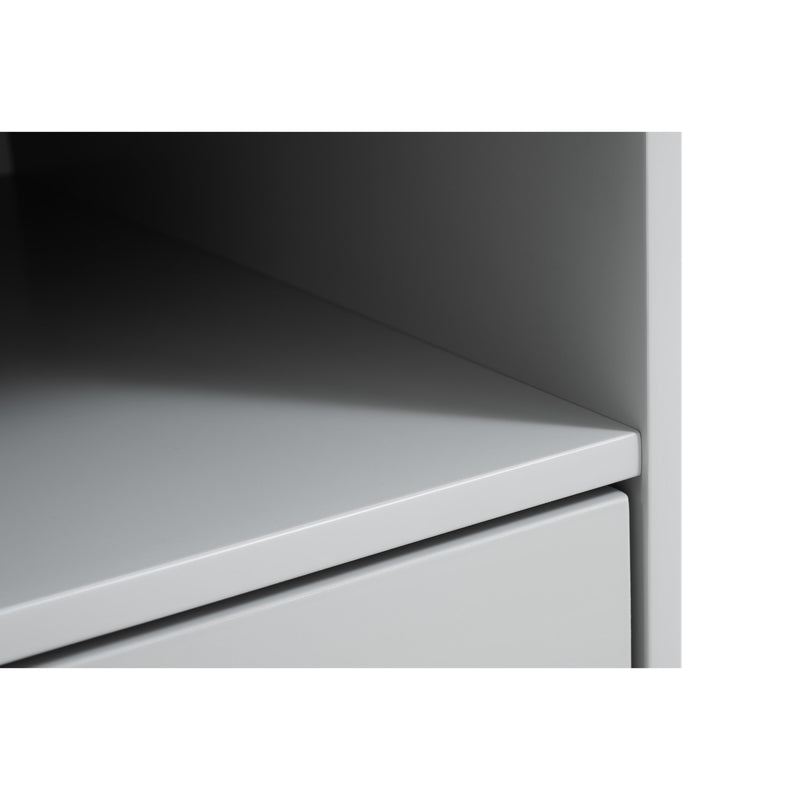 Gray metal corner cabinet with a flat shelf