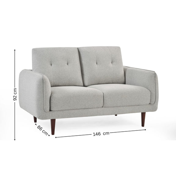 Gray sofa with dimensions on a white background