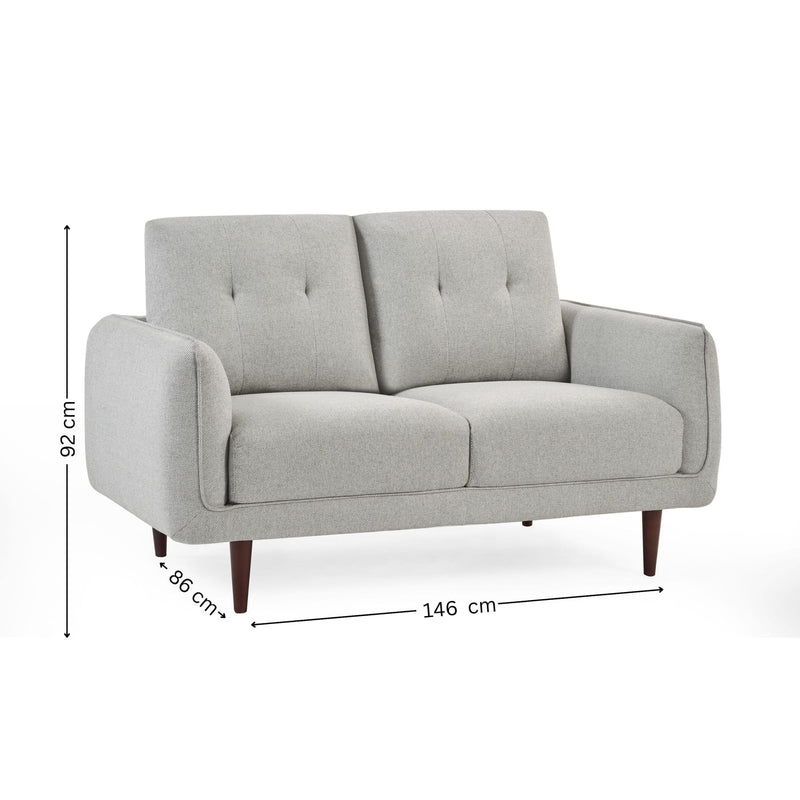 Gray sofa with dimensions on a white background