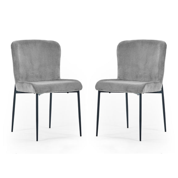 Two gray upholstered chairs with black legs on a white background