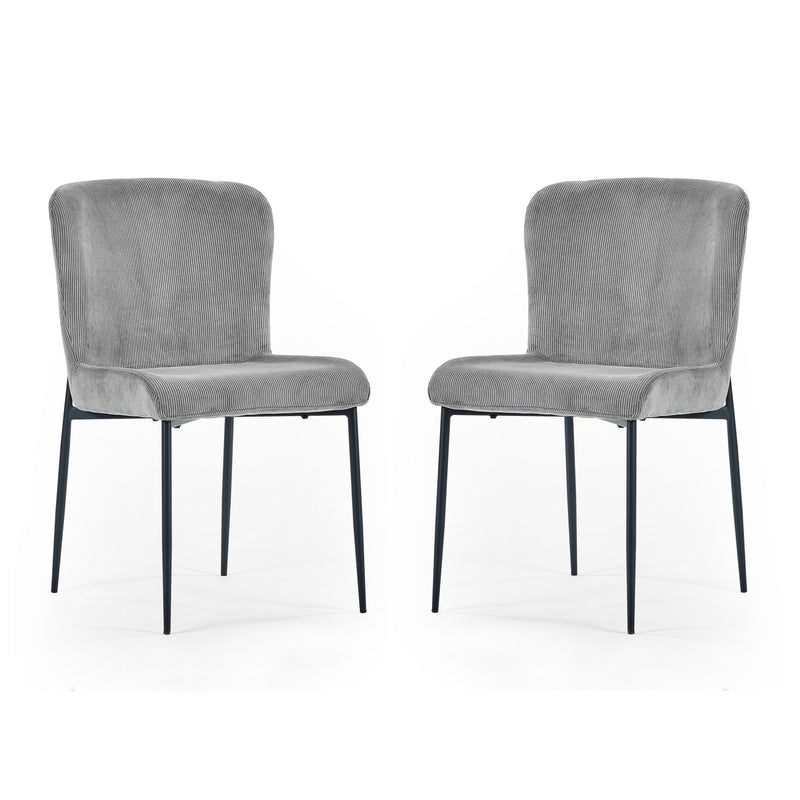 Two gray upholstered chairs with black legs on a white background