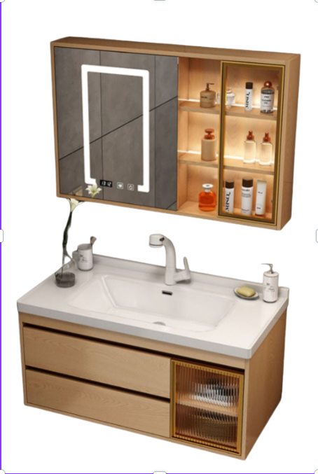 Natural Wood Wall-Mounted Vanity with Ceramic Basin & Smart Mirror – Custom Made Bathroom Vanity