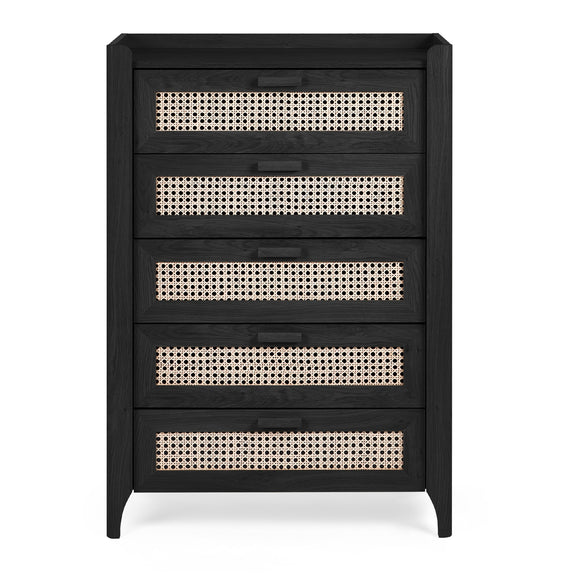 Black five drawer chest with woven rattan drawer fronts