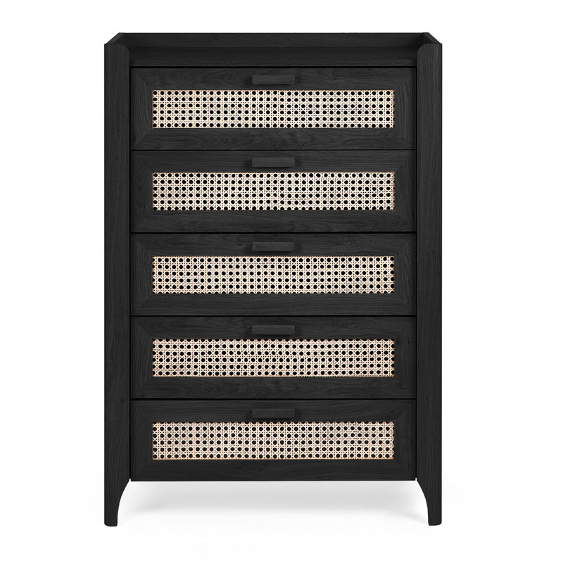Black five drawer chest with woven rattan drawer fronts