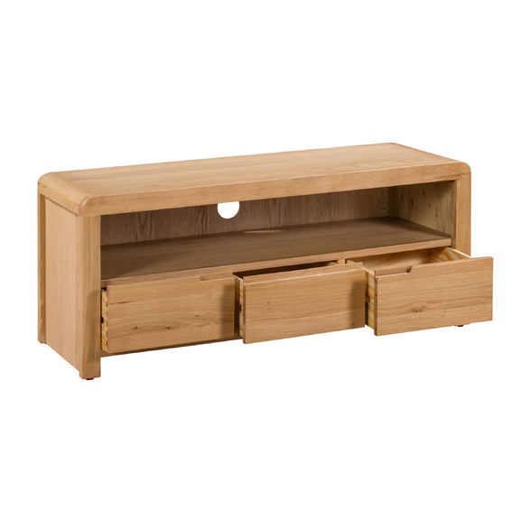 Wooden TV stand with drawers on a white background