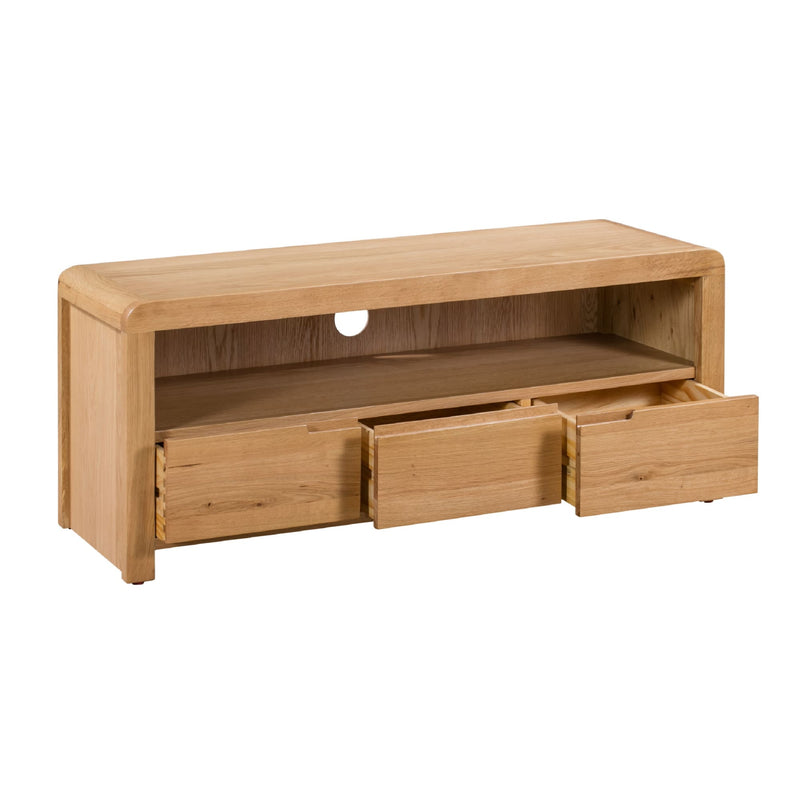 Wooden TV stand with drawers on a white background