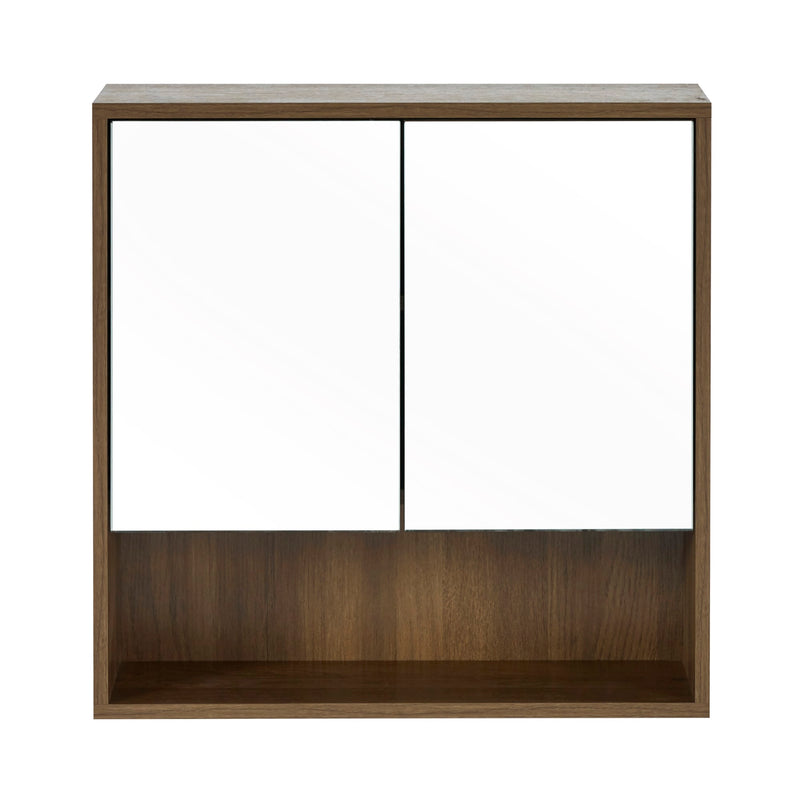 Wooden shelf with glass doors on a white background