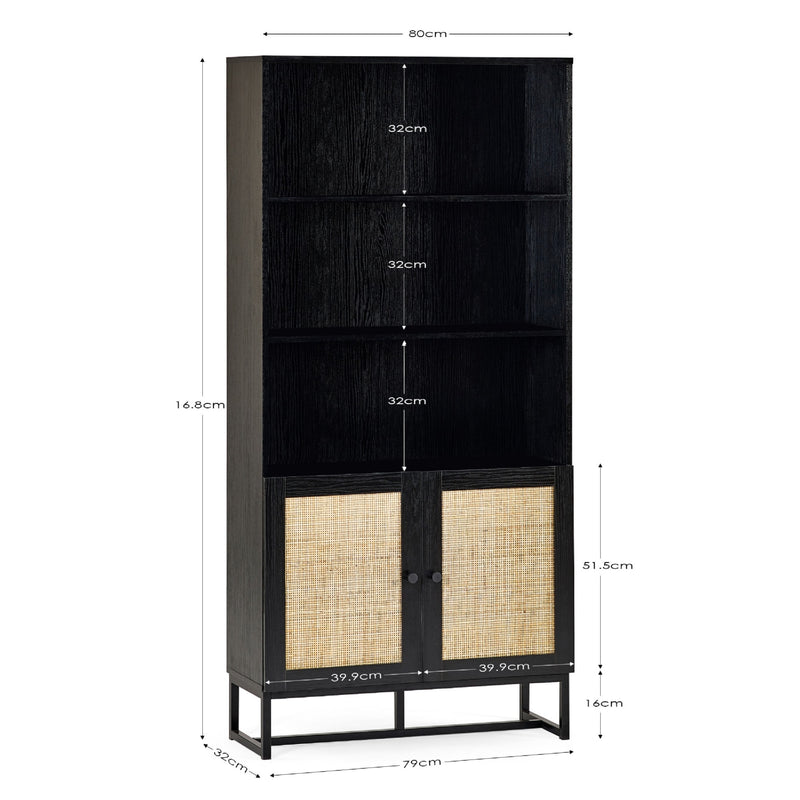 Black cabinet with wicker doors and dimensions labeled on a white background