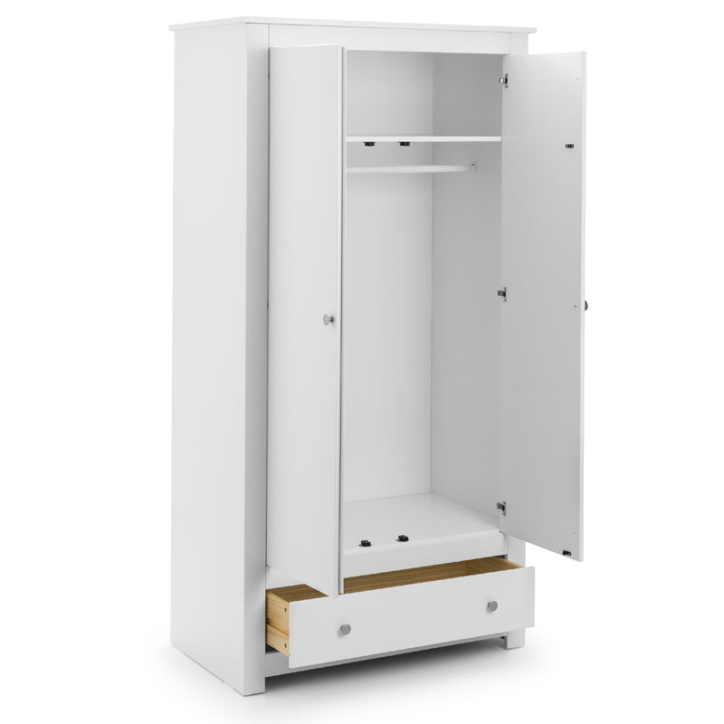 White wardrobe with open doors on a white background