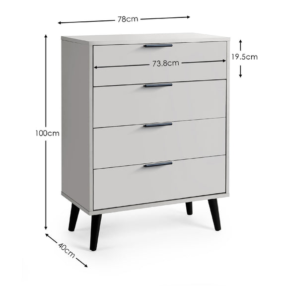Gray dresser with dimensions labeled on a white background