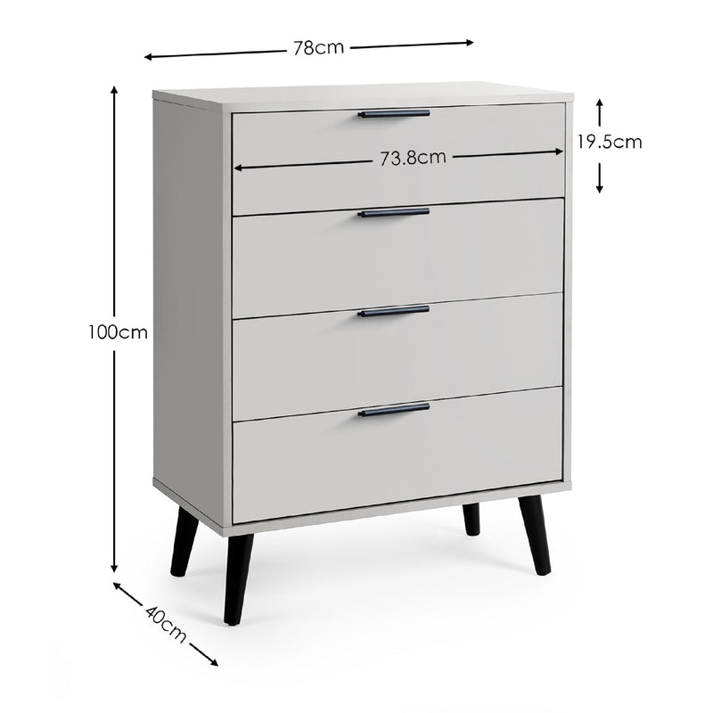 Gray dresser with dimensions labeled on a white background