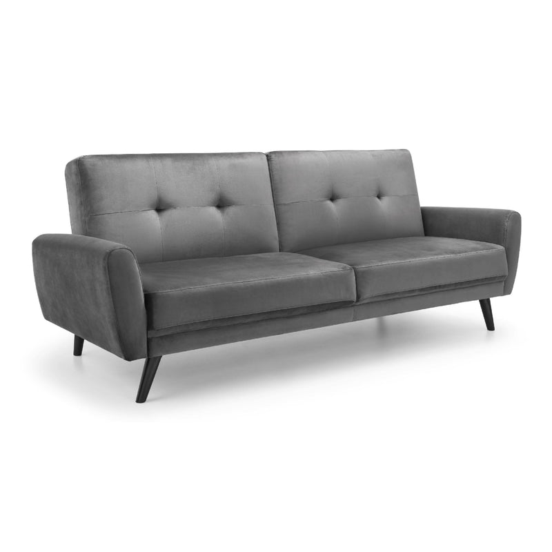 Gray sofa with tufted backrest on a white background