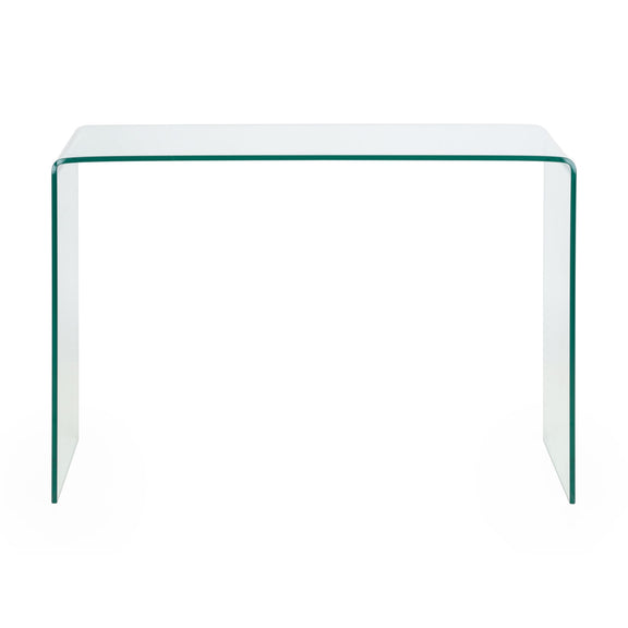 Clear glass side table on a white background