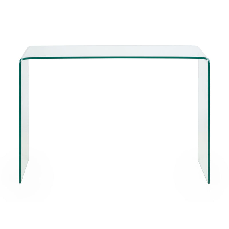 Clear glass side table on a white background