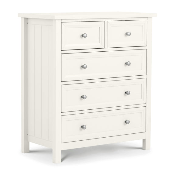 White dresser with multiple drawers and silver knobs on a white background