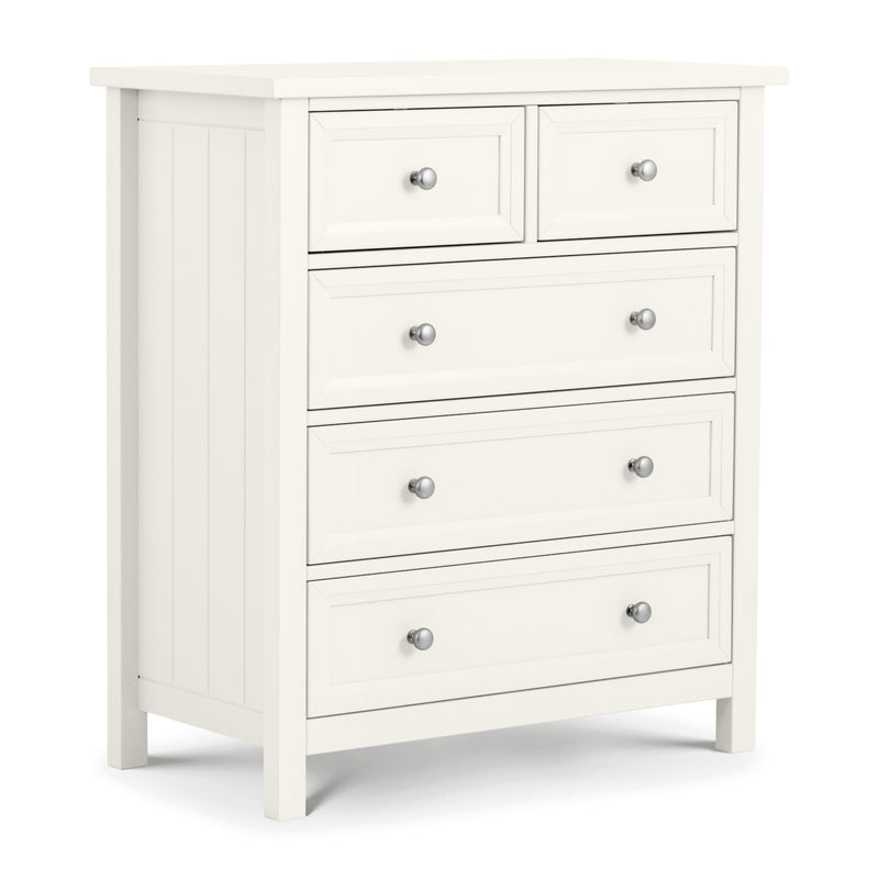 White dresser with multiple drawers and silver knobs on a white background
