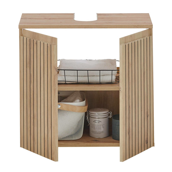 Wooden cabinet with open doors showing storage items on a white background