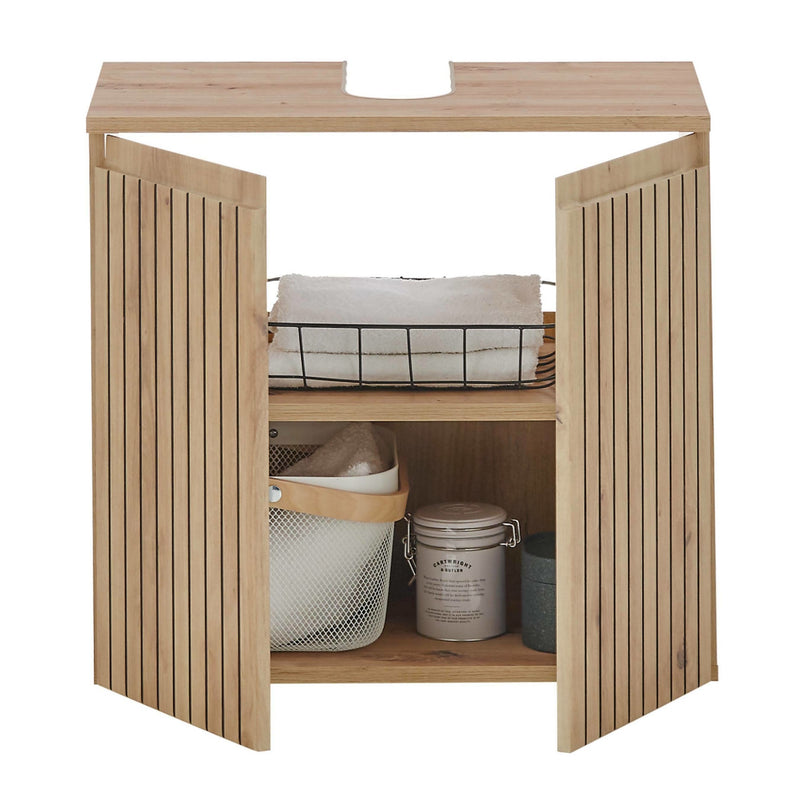 Wooden cabinet with open doors showing storage items on a white background