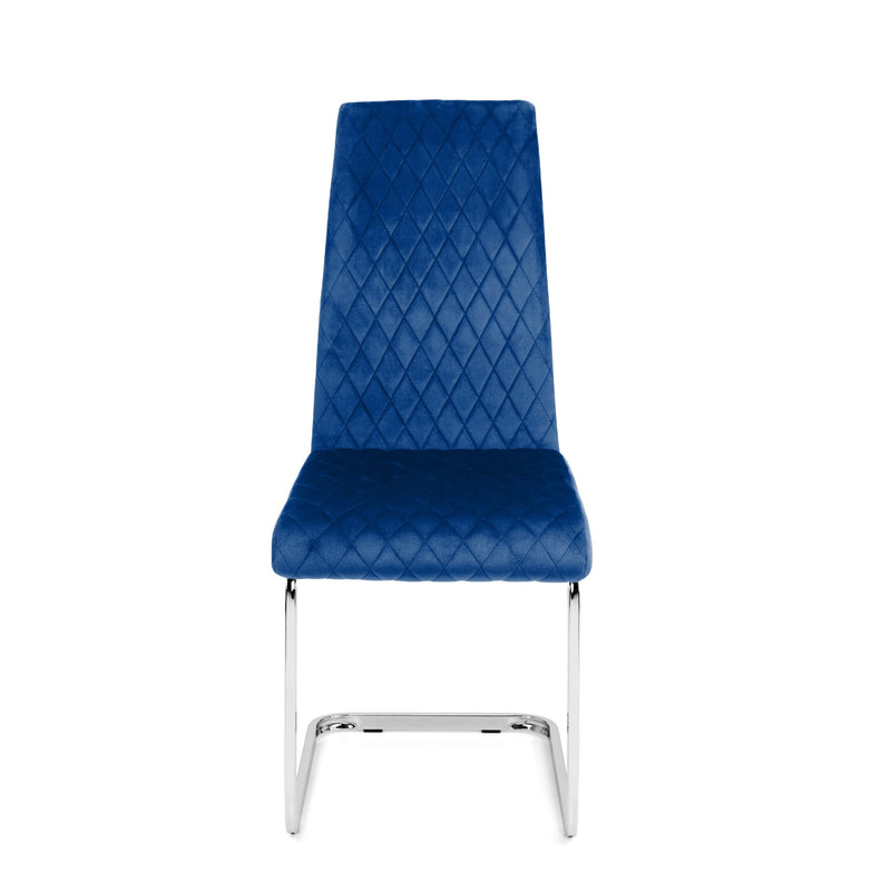 Blue quilted chair with chrome legs on a white background