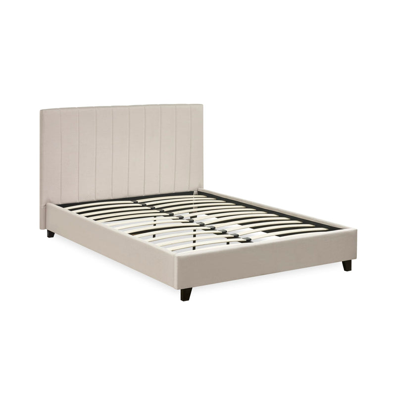Beige upholstered bed frame on a white background