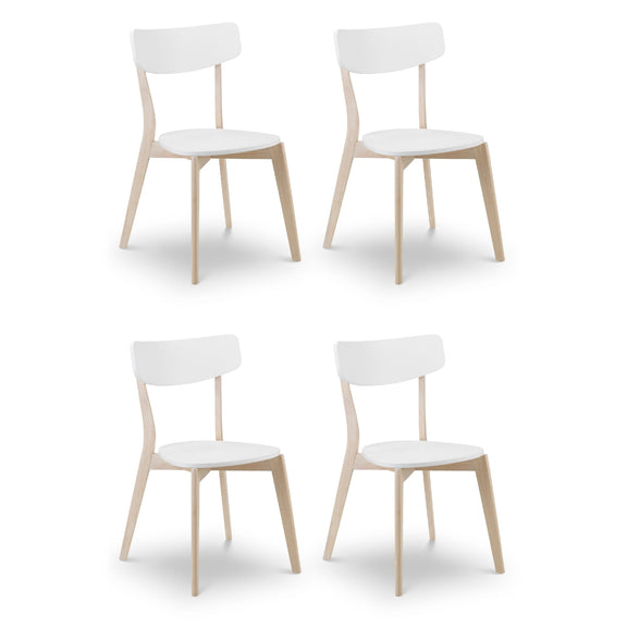 Four white chairs with light wooden legs on a white background