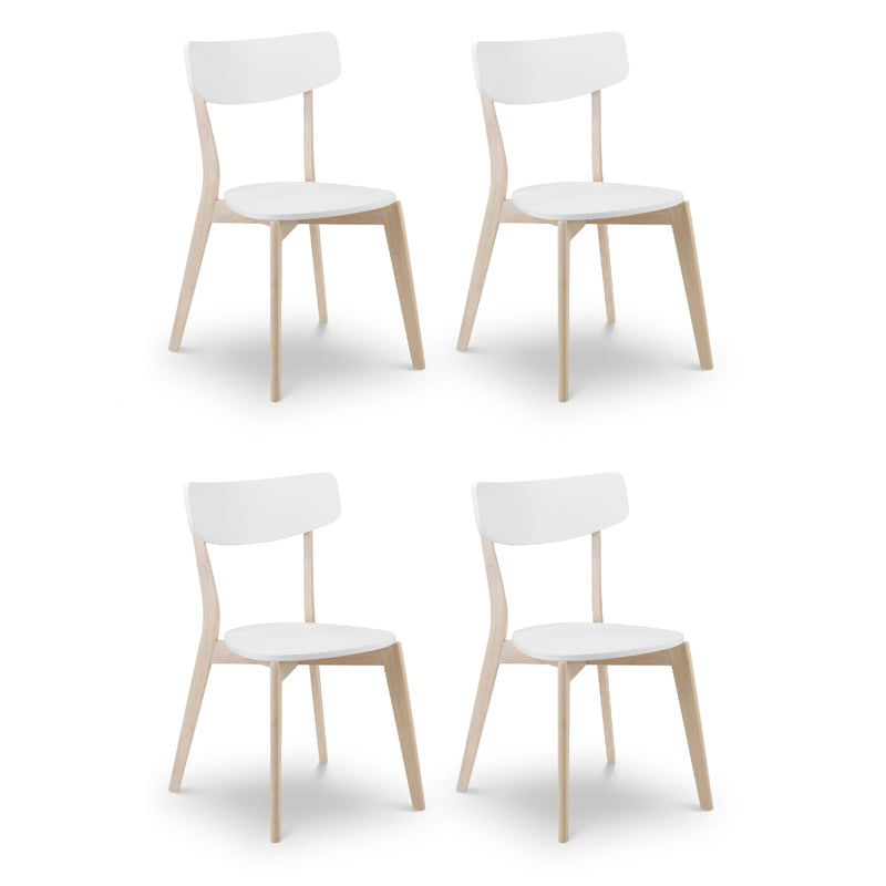 Four white chairs with light wooden legs on a white background